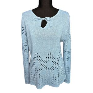 Womens Blue Open Knit Sweater Bow Pastel Bell Sleeve Crochet - M Coquette Dainty
